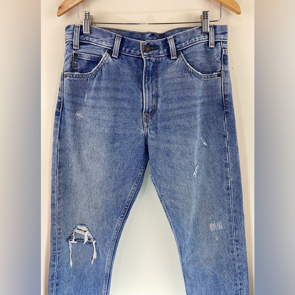 Levi's 505 Women’s Sz 29 Straight Leg Distressed Raw Hem Orange Tab Blue Jeans - Picture 4 of 11